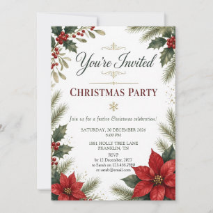 Convite de Festa de Natal com Poinsettia e Azevinh