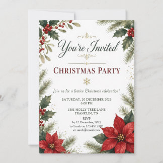 Convite de Festa de Natal com Poinsettia e Azevinh