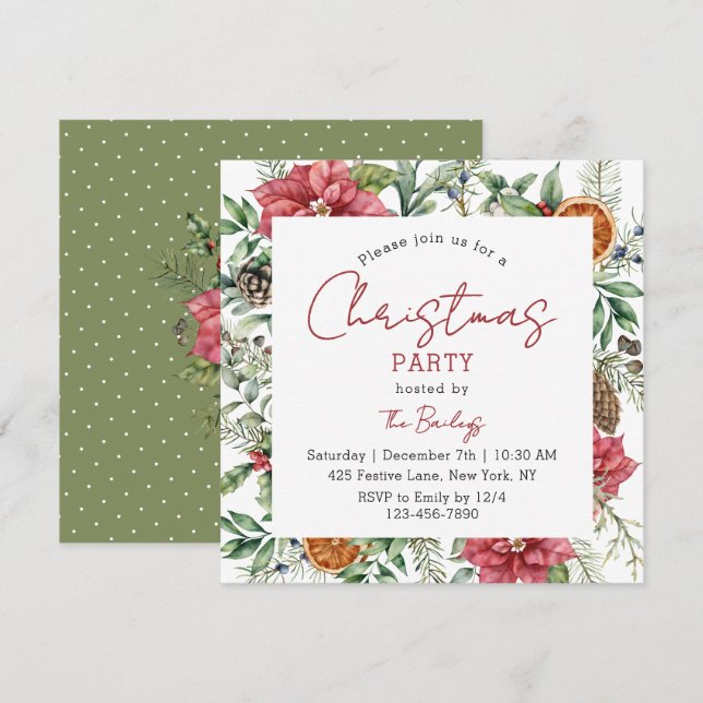 Convite de Festa de Natal com Poinsettia Elegante (Frente/Verso)