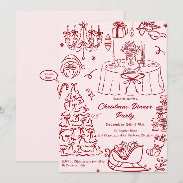 Convite de Festa de Natal com Rabiscos Desenhados  (Frente/Verso)