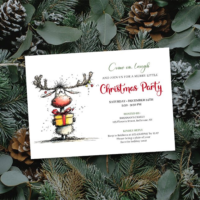 Convite de festa de Natal com renas de desenho ani (Quirky cartoon reindeer Christmas party invite

)