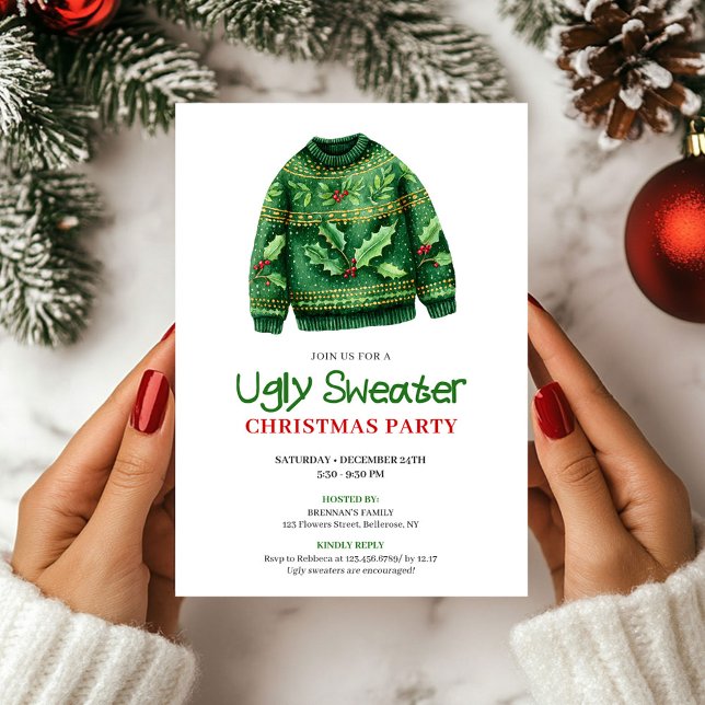 Convite de Festa de Natal com Suéter Feio e Divert (Whimsical Funny Ugly Sweater Holiday Invite)