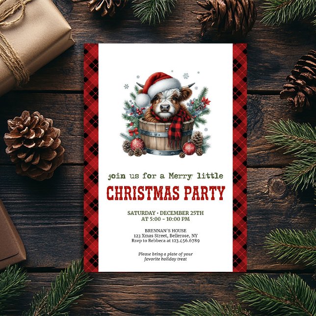 Convite de festa de Natal com vaca das Terras Alta (Highland cow pine branch Christmas party invite)