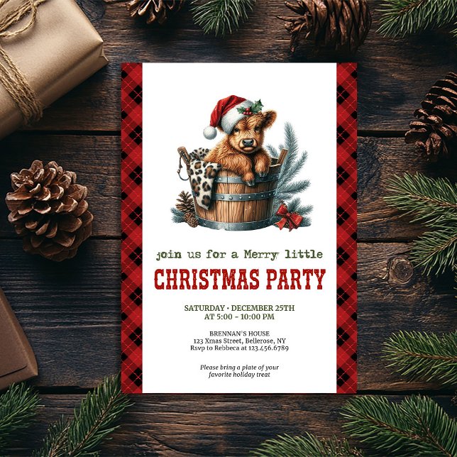 Convite de festa de Natal com vaca das Terras Alta (Rustic watercolor Highland cow Christmas invite, fully editable for your event.)