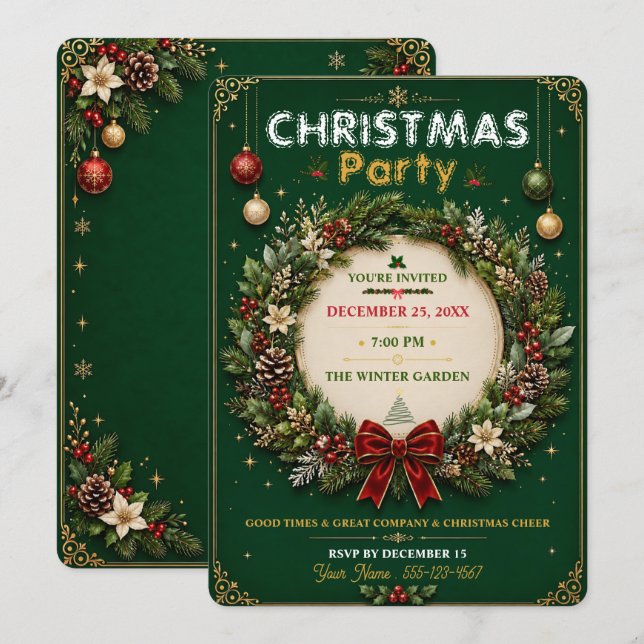 Convite de Festa de Natal Coroa de Esmeralda (Frente/Verso)