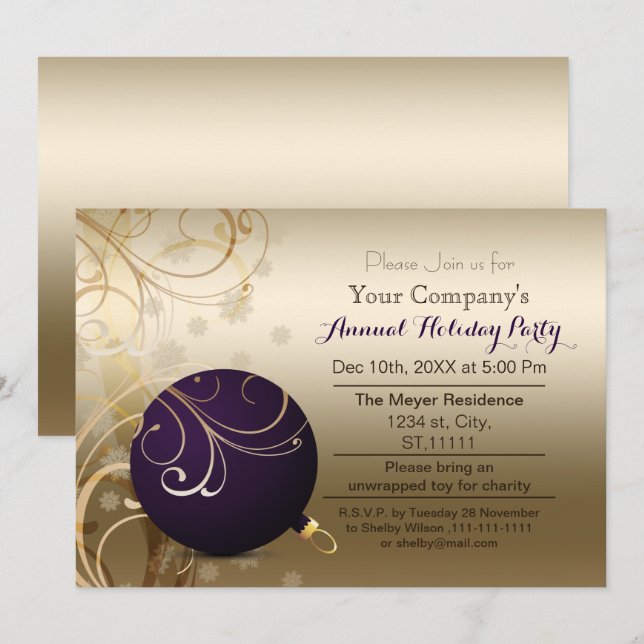 convite de festa de Natal corporativa de ouro roxo (Frente/Verso)