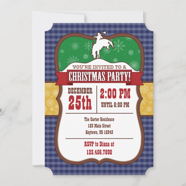 Convite de festa de Natal de cowboy azul (Frente)