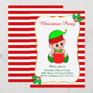 Convite de festa de Natal de elfo fofo e vermelho 