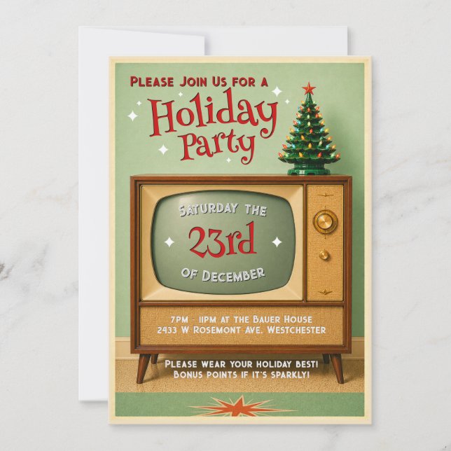 Convite de festa de Natal de férias da TV retrô (Frente)