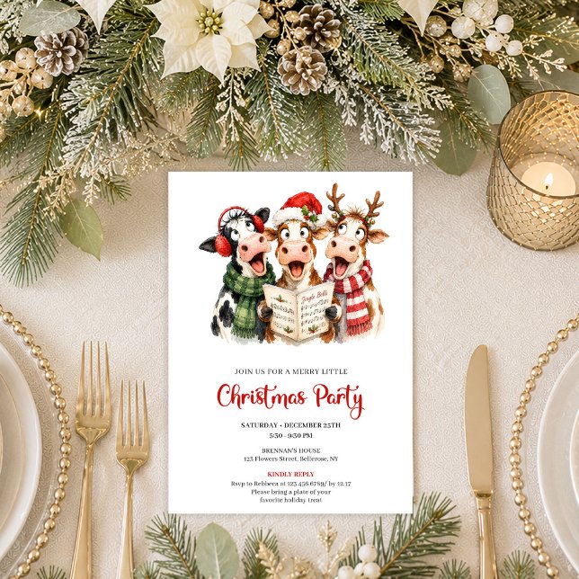 Convite de festa de Natal de gansos bobos capricho (This whimsical Christmas cow greeting card features a quirky watercolor design with playful red and )