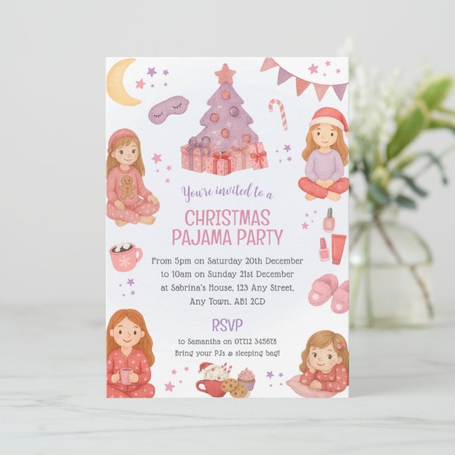 Convite de festa de Natal de pijama rosa (Em pé/Frente)