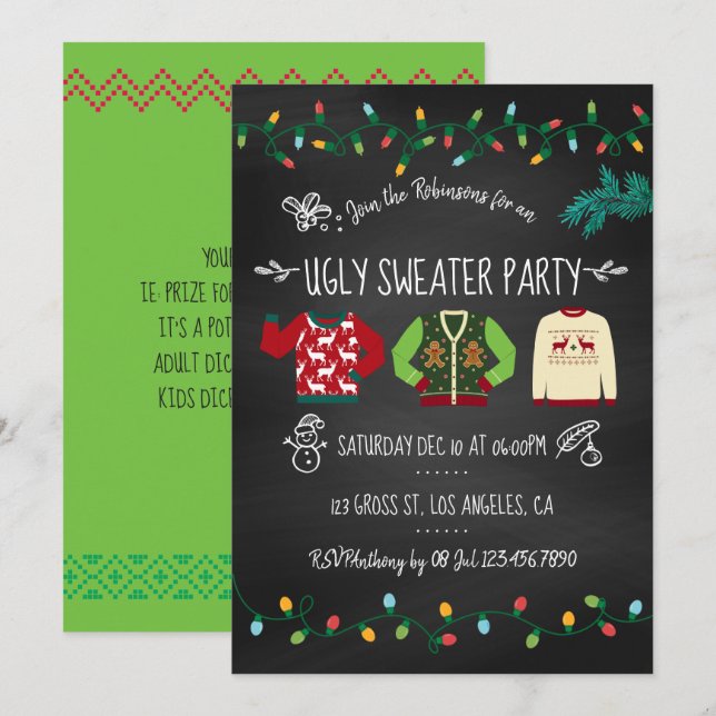 Convite de festa de Natal de suéter feio de lousa (Frente/Verso)