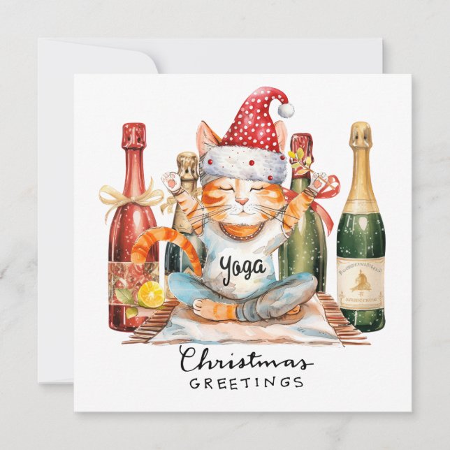 Convite de festa de Natal de Yoga com gato de Sant (Frente)