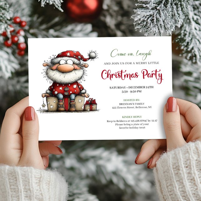 Convite de festa de Natal desenhado à mão com Papa (Playful Quirky Santa Hand Drawn Party Invitation)