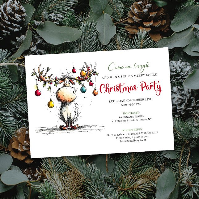 Convite de festa de Natal divertido com rena festi (Festive funny reindeer Christmas party invite

)