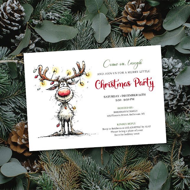 Convite de festa de Natal divertido e brincalhão c (Playful funny reindeer Christmas party invite

)