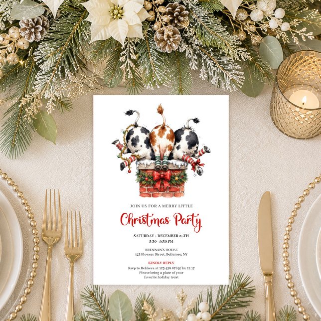 Convite de Festa de Natal Divertido e Engraçado de (Playful Funny Cow Holiday Christmas Party Invitation

)