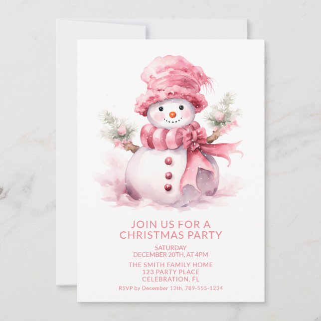 Convite de festa de Natal do boneco de neve rosa (Frente)