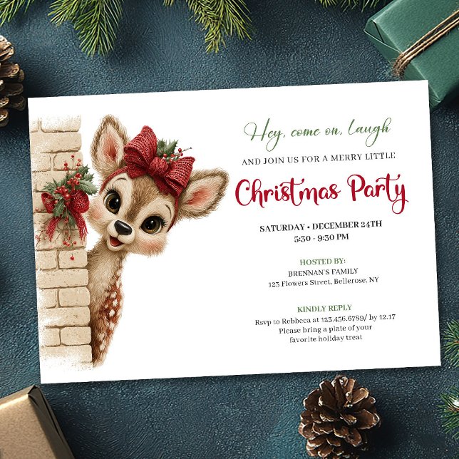 Convite de festa de Natal editável adorável para b (Lovely baby fawn editable Christmas party invite)