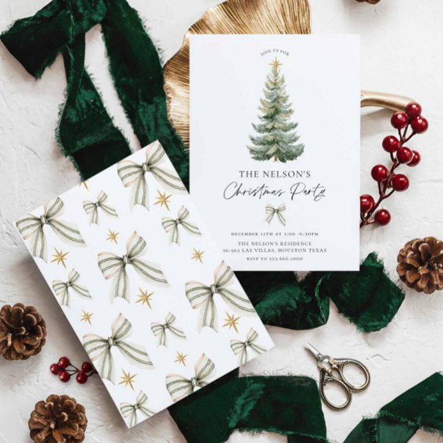 Convite de Festa de Natal Elegante (Classic Christmas Holiday Party Invitation - featuring Christmas tree and green bows)