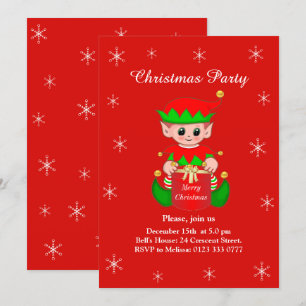 Convite de festa de Natal em vermelho com elfo fof