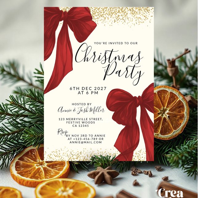 convite de festa de Natal em vermelho e dourado el (Elegant Christmas Party invitation template with red watercolor bows and gold glitter border frames)