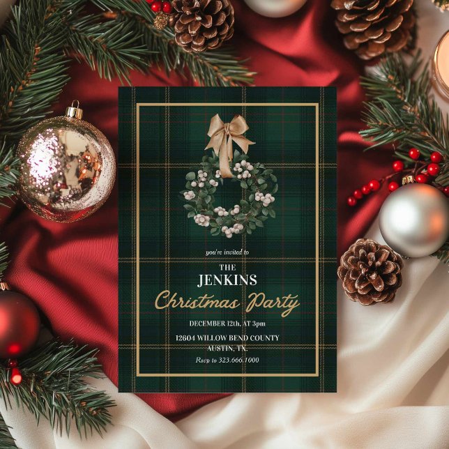 Convite de festa de Natal em Xadrez Verde Clássico (Elegant Green Tartan Christmas party invitation)