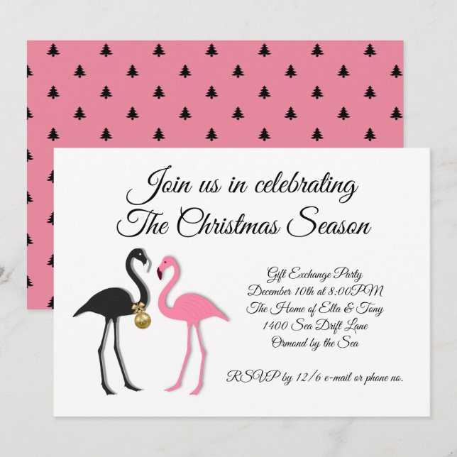 Convite de festa de Natal Flamingos rosa e preto (Frente/Verso)