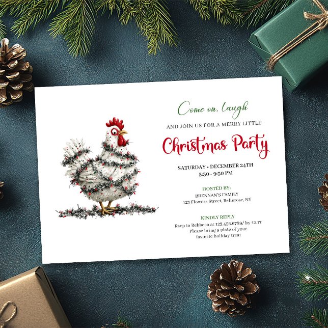 Convite de Festa de Natal Galinha Aquarela Engraça (Funny Watercolor Chickens Red Green Holiday Invite)