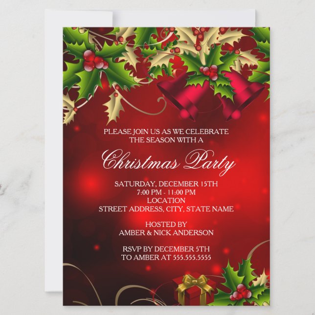 Convite de festa de Natal Holly Leaves & Bell Red (Frente)