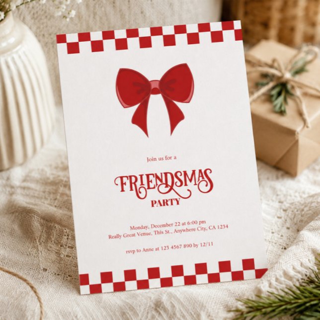 Convite de Festa de Natal Moderna Amigosmas Vermel (Whimsical Friendmas Party Invitation, Red Chic and Sophisticated Christmas Party Invite)