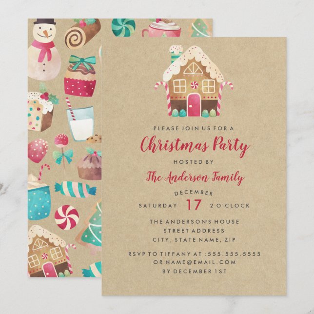 Convite de festa de Natal para casa de gengibre do (Frente/Verso)