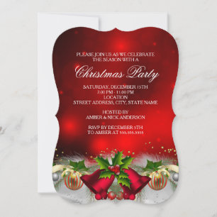Convite de Festa de Natal Red & Gold Holly Bells