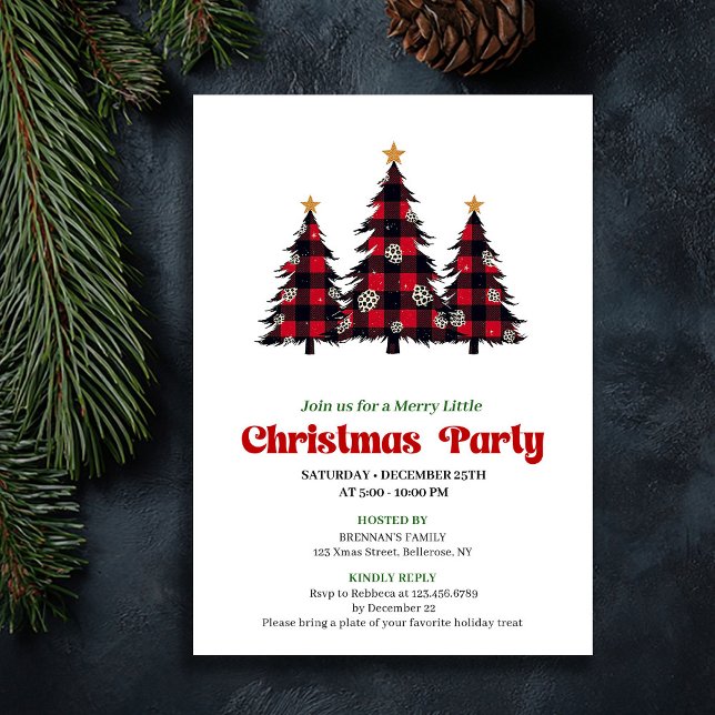 Convite de Festa de Natal Xadrez Vermelho Preto Cl (Classic Red Black Plaid Holiday Party Printable)