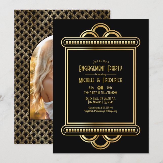 Convite de festa de noivado Art Déco preto e doura (Frente/Verso)