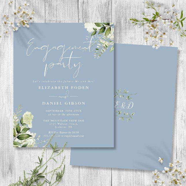 Convite de Festa de noivado Azul com Derrame Flora (Budget Floral Dusty Blue Engagement Party Invite)
