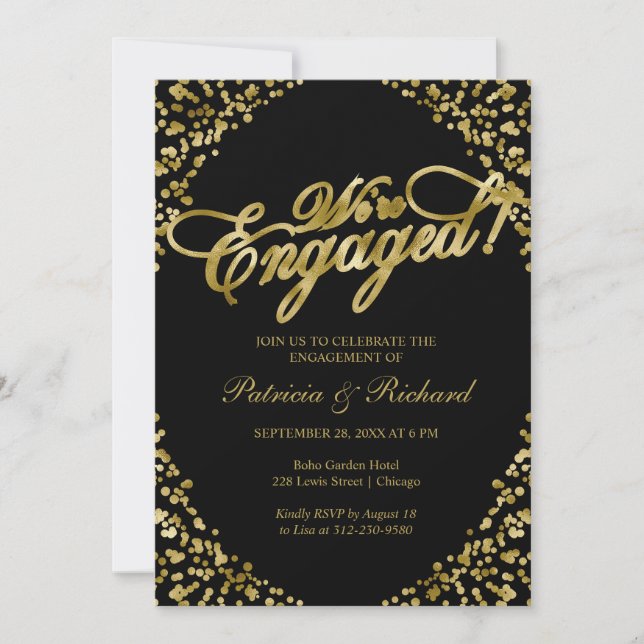 Convite de festa de noivado Black We're Engaged (Frente)