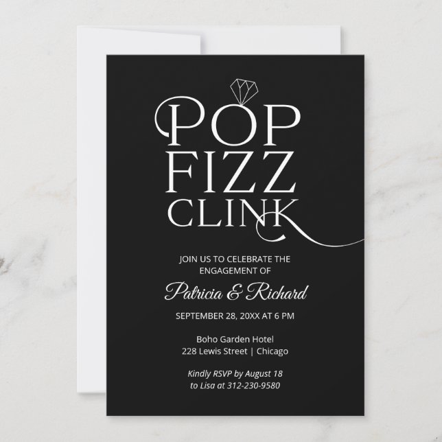 Convite de festa de noivado Chic Pop Fizz Clink (Frente)