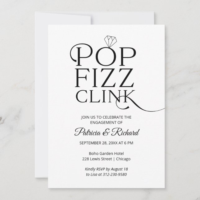 Convite de festa de noivado Chic Pop Fizz Clink (Frente)