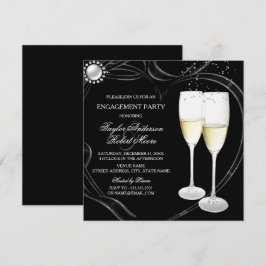 Convite de festa de noivado com champanhe e coraçã