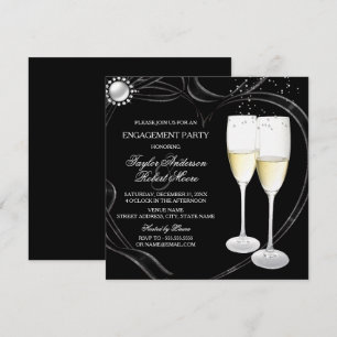 Convite de festa de noivado com champanhe e coraçã