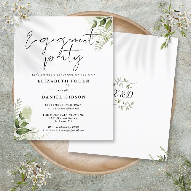 Convite de festa de noivado com flora verde para o (Budget Floral Greenery Engagement Party Invitation)