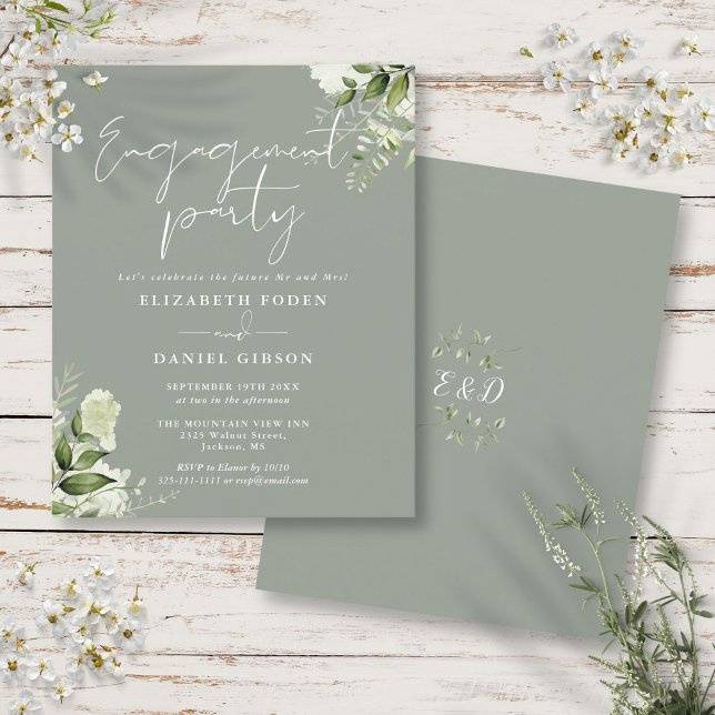 Convite de festa de noivado com flores de salvia v (Budget Floral Sage Green Engagement Party Invite)