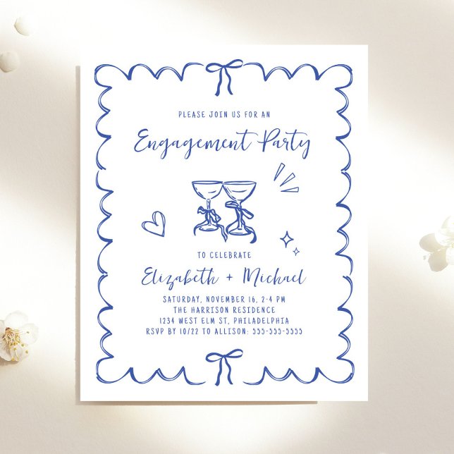 Convite de festa de noivado com moldura ondulada e (Whimsical Wavy Frame Engagement Party Invitation)