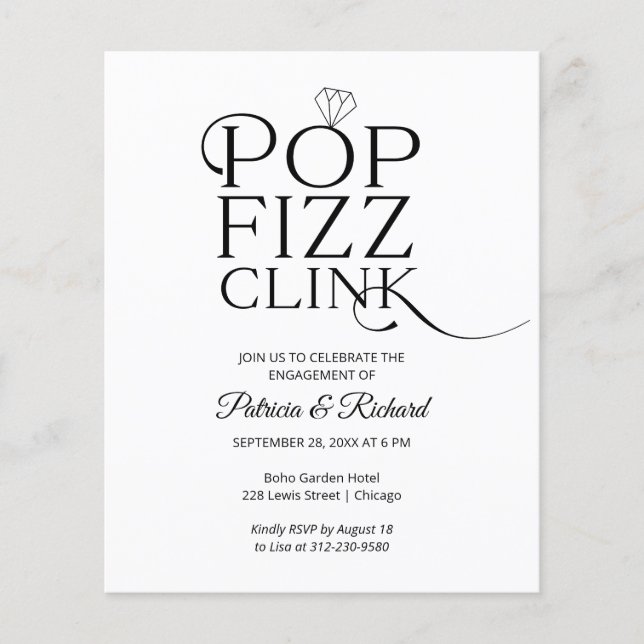 Convite de festa de noivado com orçamento Pop Fizz (Frente)