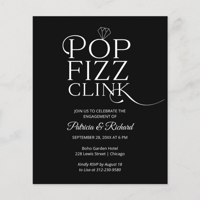 Convite de festa de noivado com orçamento Pop Fizz (Frente)