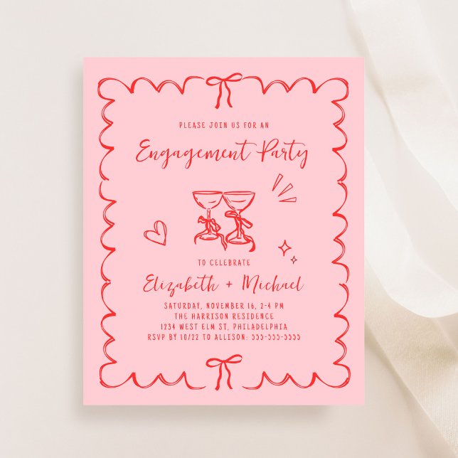 Convite de festa de noivado cor-de-rosa caprichoso (Whimsical Pink Red Engagement Party Invitation)