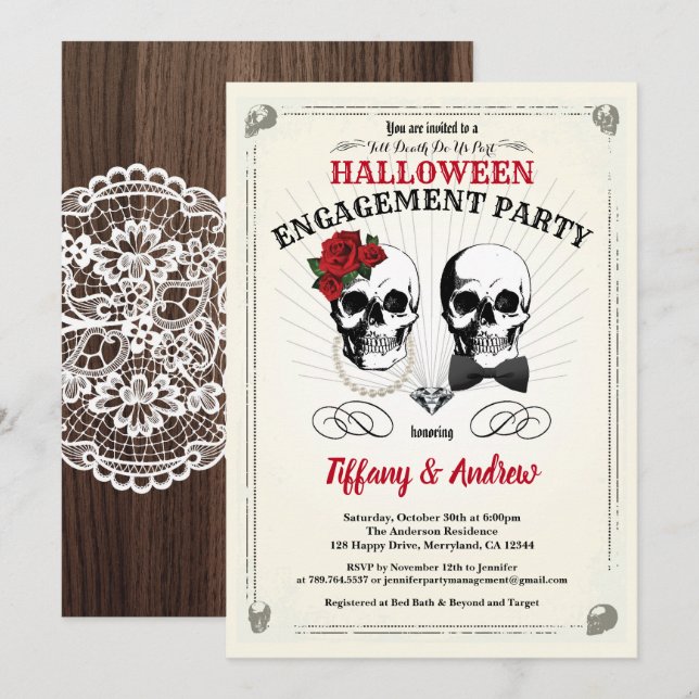 Convite de festa de noivado de Halloween. Preto e  (Frente/Verso)