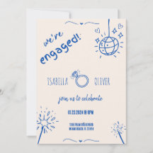 Convite de Festa de noivado Desenhada à Mão Azul M