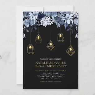 Convite de festa de noivado floral com luzes doura